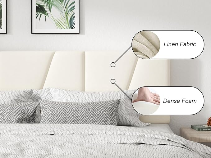 King Size Platform Bed Frame with Geometric Upholstered Headboard, Noise Free, Wooden Slats Support, No Box Spring Needed, Easy Assembly, Beige, Velvet