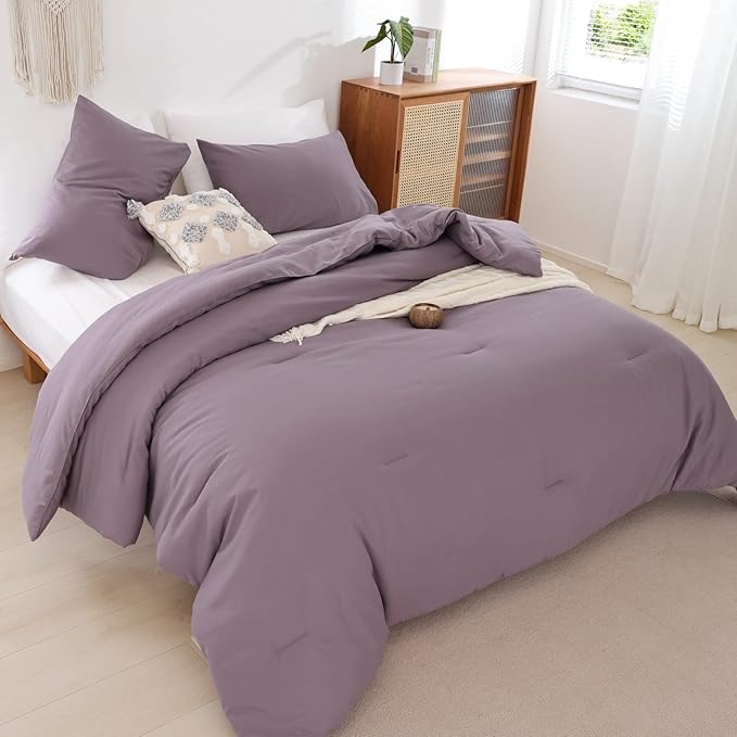 ROSGONIA King Size Comforter Set Dusty Purple, 3pcs (1 Boho Comforter & 2 Pillowcases) All Season Bedding Lightweight Bedspread Blanket Quilt