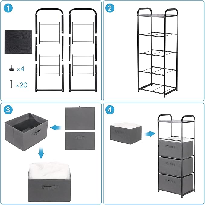 MAX Houser 4 Drawer Fabric Dresser Tall Storage Tower, Dresser Chest with Wood Top, Vertical Nightstand Side Organizer Unit with Metal Frame for Closets Bedroom Nursery Room Hallway(Leaden)