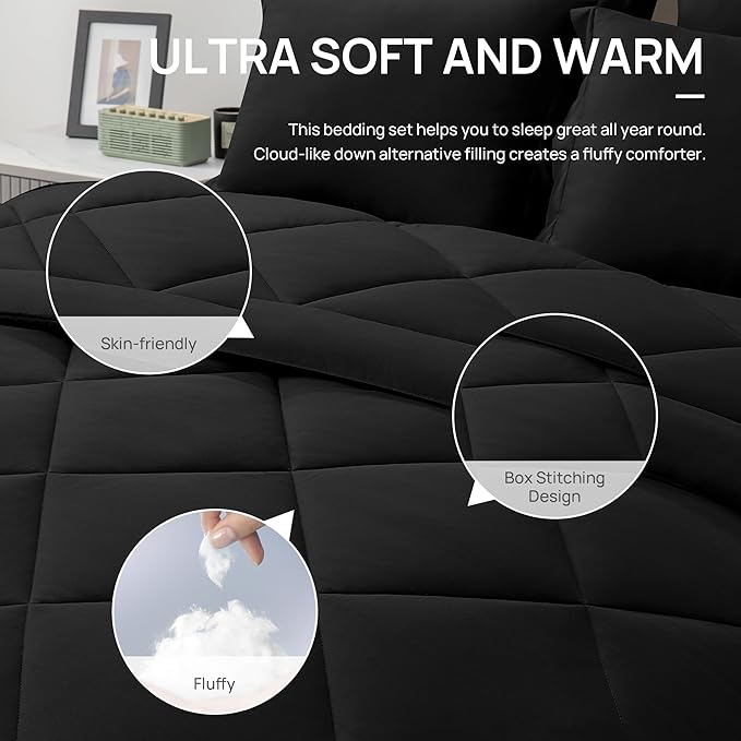 Love's Cabin Oversized Queen Comforter Set, 7 Pieces Queen Bed in a Bag, All Season Bedding Sets with 1 Comforter, 1 Flat Sheet, 1 Fitted Sheet, 2 Pillowcase and 2 Pillow Sham, Black