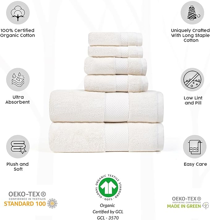 Farm to Home 100% Organic Bath Towel Set of 6 – GOTS & Oeko-TEX Certified Organic Cotton, Soft, Ultra Absorbent, Quick Dry - Includes 2 Bath Towels, 2 Hand Towels, 2 Washcloths - Pearl