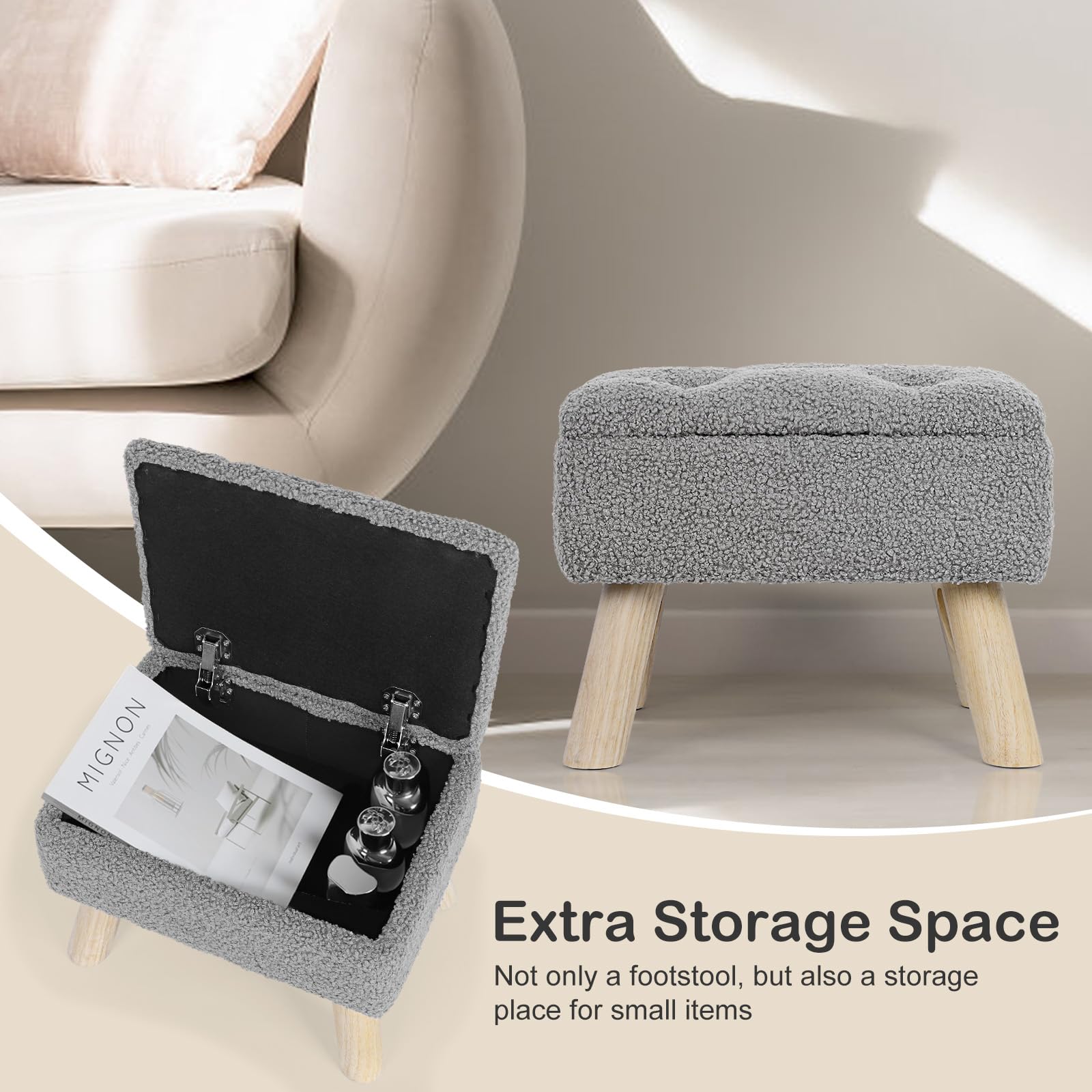 OGEMXU Storage Ottoman, Small Foot Stool Ottoman with Storage, Boucle Teddy Velvet Foot Rest with Padded Seat, Sturdy Wood Legs Stool for Living Room, Bedroom, Couch, Enterway (Cream) Dormly