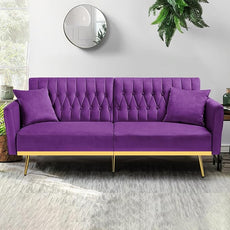 70” Velvet Futon Sofa Bed with 2 Pillows and Adjustable Armrests, Convertible Sleeper Bed W/Adjustable Backrests, Modern Loveseat for Living Room, Bedroom, Purpel