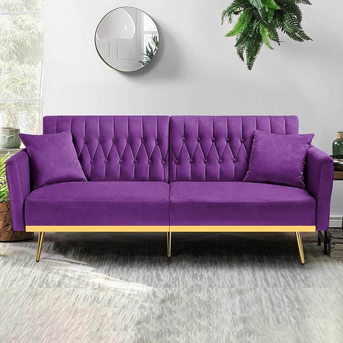 70” Velvet Futon Sofa Bed with 2 Pillows and Adjustable Armrests, Convertible Sleeper Bed W/Adjustable Backrests, Modern Loveseat for Living Room, Bedroom, Purpel