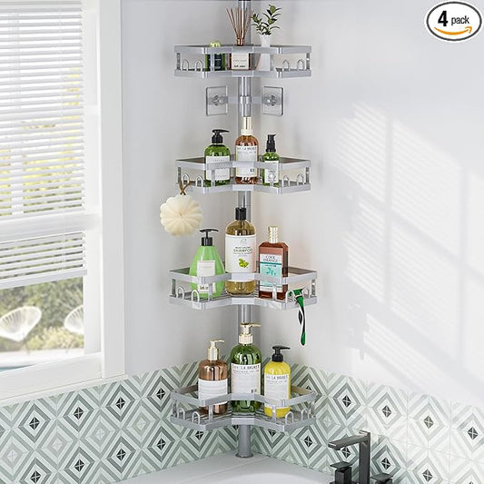 HEVEL Corner Shower Caddy Tension Pole, 4 Tier Adjustable Shower Organizer Corner 62-115 Inch, Rustproof Bathroom Shower Shelves for Bathtub Storage,Silver