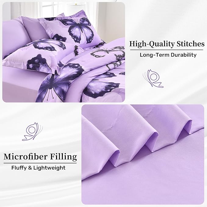 ARTALL Bed in A Bag Twin Size 5 Pieces, Purple Big Butterfly Bedding Comforter Set All Season Bed Set with Comforter, Pillow Sham, Flat Sheet, Fitted Sheet, Pillowcase