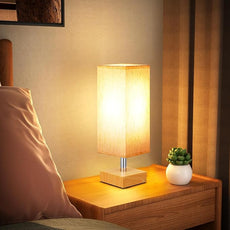 aooshine Wood Grain Table Lamp for Bedroom - Bedside Lamp for Nightstand, Minimalist Night Stand Light Lamp with Square Fabric Shade, Desk Reading Lamps for Kids Room Living Room Office Dorm