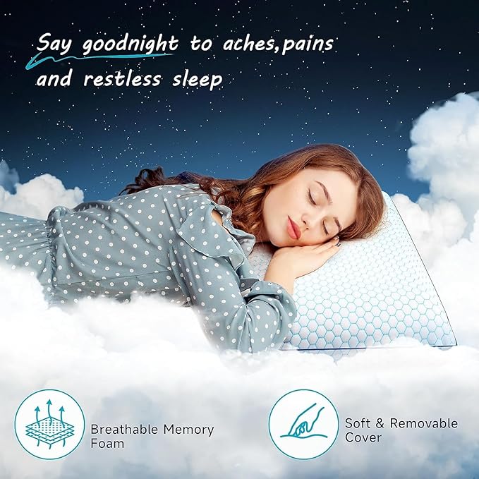 Memory Foam Pillows for Side, Set of 2, Back and Stomach Sleepers, Bed Pillow with Breathable Mesh and Washable Cover, Bed Pillow for Sleeping (Blue, Queen Size)
