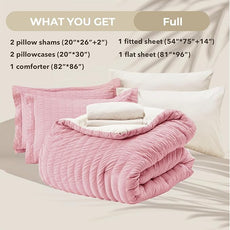 HYMOKEGE Pink/Ivory Full Size Comforter Sets Seersucker 7 Pieces, All Season Luxury Bed in a Bag for Bedroom, Bedding Set with Comforter, Sheets, Pillowcases & Shams