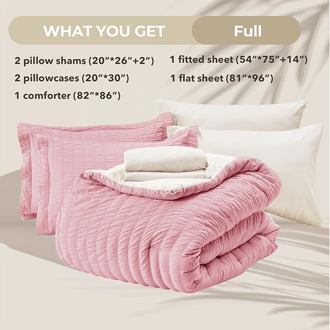 HYMOKEGE Pink/Ivory Full Size Comforter Sets Seersucker 7 Pieces, All Season Luxury Bed in a Bag for Bedroom, Bedding Set with Comforter, Sheets, Pillowcases & Shams