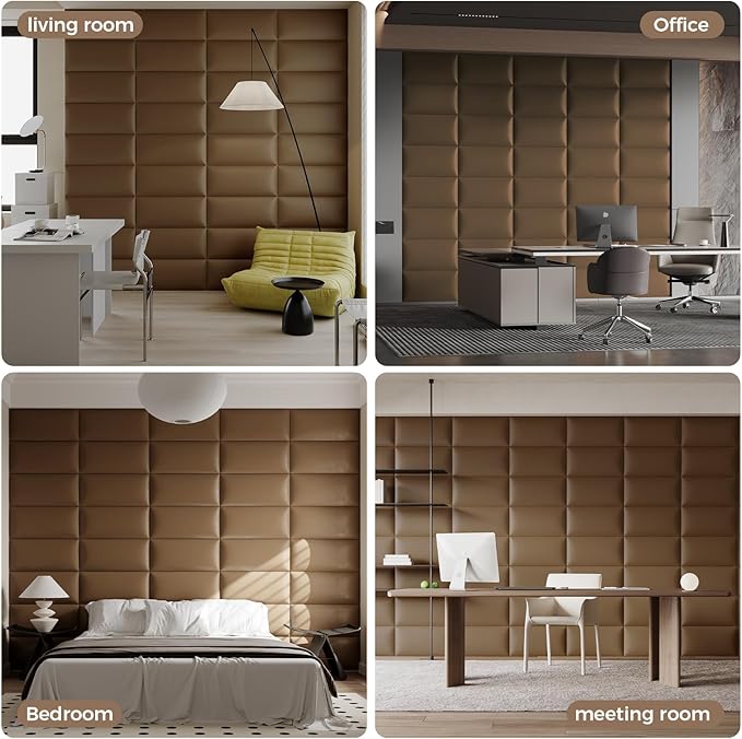 Wall-Mounted Upholstered Headboard Panels, Light Brown Faux Leather, 24x12 Inches, Pack of 9 – DIY Soundproof Padding for Full, Queen, or King Beds, Modern Wall Décor, Easy to Install