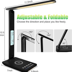 Desk Lamp, Desk Light with Wireless Charger, USB Charging Port, Dimmable Office Desk Lamp with Clock, Alarm, Date, Temperature, Foldable Table Lamp for Table Bedroom Bedside Office (Black PRO)