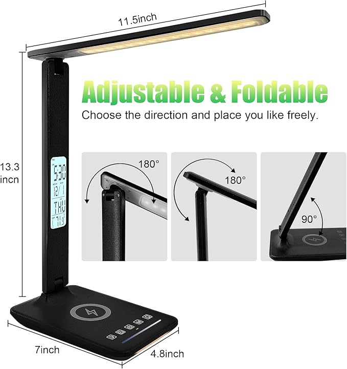 Desk Lamp, Desk Light with Wireless Charger, USB Charging Port, Dimmable Office Desk Lamp with Clock, Alarm, Date, Temperature, Foldable Table Lamp for Table Bedroom Bedside Office (Black PRO)