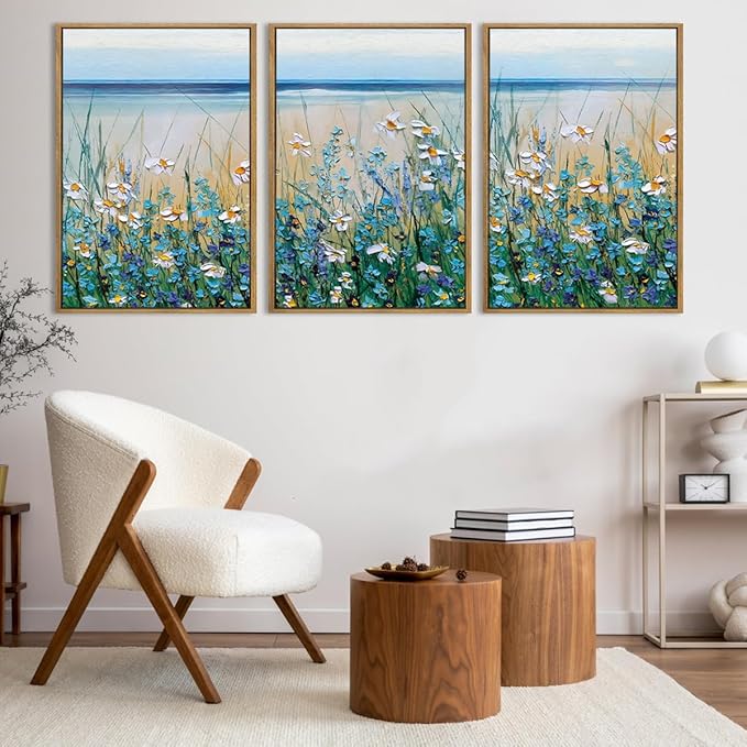 Extra Large Blue Floral Wall Art Framed Artwork for Living Room Bedroom Bathroom Blue Flowers Bloom Painting by The Seaside 24x36 Inches Set of 3