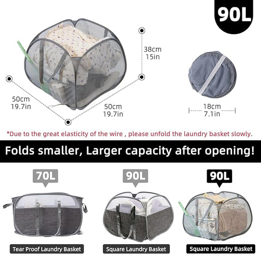 Collapsible Laundry Basket, 90L Foldable Pop-up Laundry Hamper with Handles, Square Mesh Dirty Clothes Hamper for Laundry, Bathroom, Kids Room, Dorm,Travel or Camping (Gray)