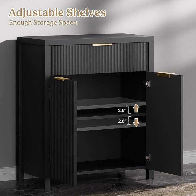 Lulive Black Fluted Storage Cabinet with Drawers Buffet Sideboard Cabinet with Adjustable Shelves for Kitchen Living Room, Kitchen, Entryway