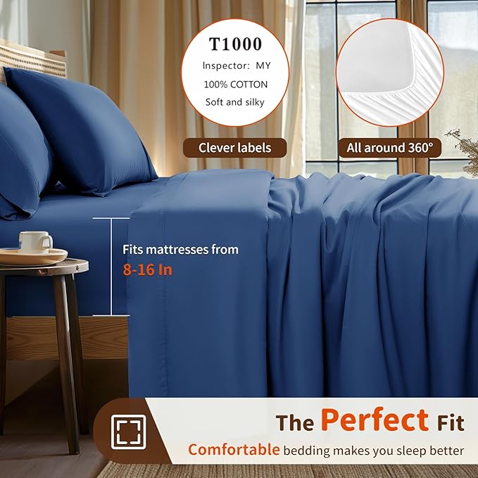 LBRO2M 1000 Thread Count 100% Cotton Sheets Set,California King Size Bed Sheet 4 Piece Sets,Long Staple,16 Inches Deep Pocket,All Season,Bedding Super Soft Comforterble Breathable(Navy Blue)