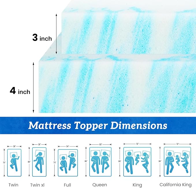 Sweetcrispy Mattress Topper Queen, 4 Inch Thick Memory Foam Gel Infused Cooling Toppers Pad for Queen Size Bed, Sleeper Sofa, RV, Camper, CertiPUR US Certified, Ventilated and Breathable, Blue