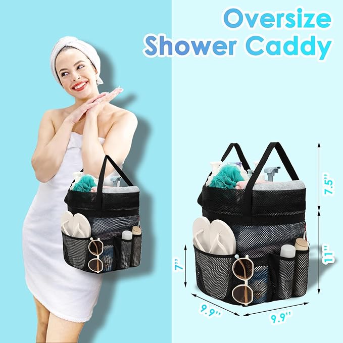 Mesh Shower Caddy Portable with Drawstring, Dorm Room Essentials for College Girls Guys, 8-Pocket Extra Large Shower Bag Basket Tote for Camping Beach Gym Travel Toiletry Bathroom