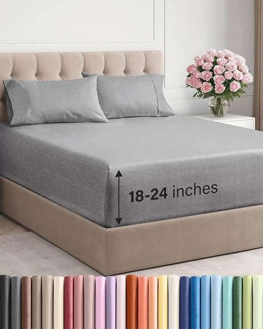 Extra Deep Pocket Cal King Sheets - 4 Piece Breathable & Cooling Bed Sheets - Hotel Luxury Bed Sheet Set - Soft, Wrinkle Free & Comfy - Easily Fits Extra Deep Mattresses - Heathered Grey Sheets Set
