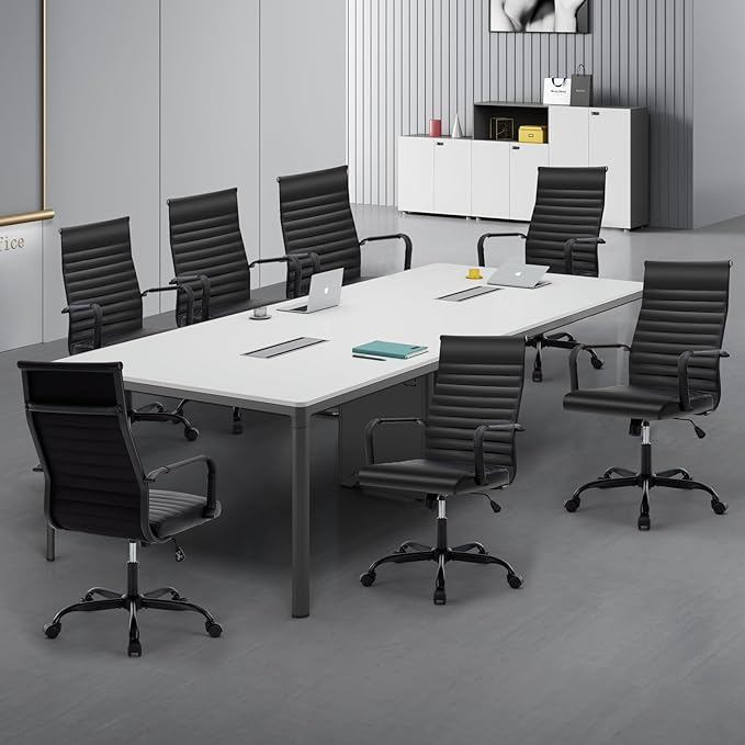 Conference Room Chairs, Ergonomic Executive Office Chair, Ribbed Leather Desk Chair with Lumbar Support, Adjustable Height Mid-Back Swivel Chair with Padded Seat