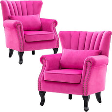 Velvet Accent Chairs Set of 2 with Arm Comfy Living Room Chair Mid-Century Modern Wingback Side Chair Single Sofa Couch for Bedroom Guest Room, Rose Pink