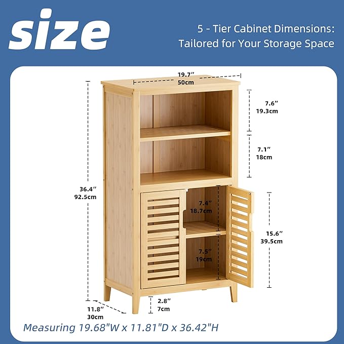 HITNET Bathroom Cabinet Freestanding, Bamboo Storage Cabinet 5-Tier Floor Cupboard with Door and Shelf for Bathroom, Kitchen, Hallway, Natural