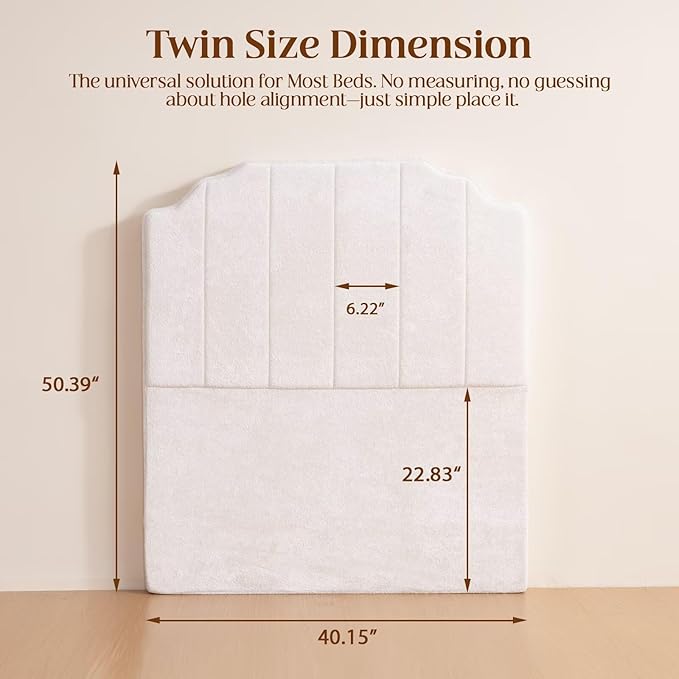 Twin Headboard Only - Beige Velvet Upholstered Headboard for College Dorm, No Assembly Required, Pure Sponge Design, Place Between Bed & Wall, Vertical Stripe with Stepped Crown Top Edge