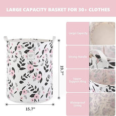 Large Foldable Laundry Basket Hamper Holder Portable Tall Collapsible Laundry Hamper Nusery Storage Basket Bin with Handles, Canvas & Waterproof lining for Household Items (Floral Pink)