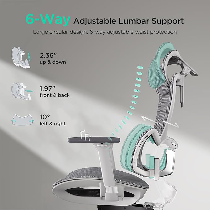 Hbada E2 Ergonomic Office Chair, Big and Tall Mesh Office Chair with 6-Way Dynamic Lumbar Support, 3D Adjustable Armrests, 3D Adjustable Headrest, High Back for Gaming Chair, White(No Footrest)