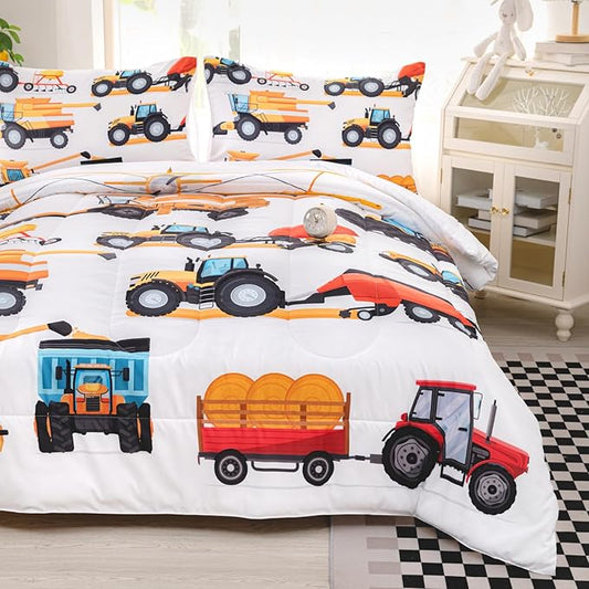 CVHOUSE Tractor Bedding Set for Boys - Twin Excavator Comforter & Trucks Tractors Cars Quilt Set with 1 Comforter and 2 Pillow Cases - 3 Piece