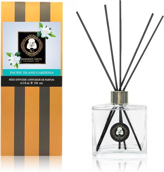 Rainier’s Gifts Reed Diffuser Set (Pacific Island Gardenia) - Scented Oil Diffuser Sticks - Home Fragrance Aromatherapy Air Freshener 6.5 fl oz