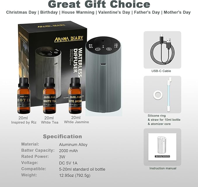 Waterless Essential Oil Diffuser Starter Kit for Home Car Office, Small Scent Diffuser with 60mL Fragrance Oil, Battery Operated, Portable Aromatherapy Diffuser Machine，Silvergrey with Hotel Scent