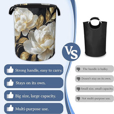 White Flowers Laundry Hamper With Handle,Foldable Oxford Cloth Glitter Blooming Laundry Basket,20.8