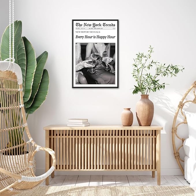 Retro New York Trends Wall Art Black and White Newspaper Poster Every Hour Is Happy Hour Canvas Prints Funky Feminist Posters Trendy Alcohol Wall Decor for Bar Cart Hot Girl Dorm Room Decorative 16x24inch black framed