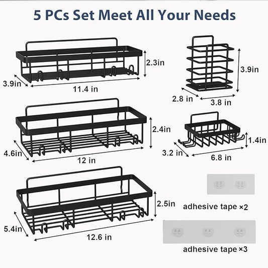 5 Pack Shower Caddy Organizer Rack Shelf for Inside Shower, Adhesive Bathroom Wall Storage Basket Rustproof Stainless Steel Shampoo Holder, Bathroom Accessory Decor Set, Black.