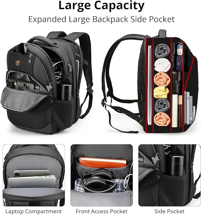 Swissdigital Design Travel Laptop Backpack, 35L Expandable Large College Laptops Backpack with USB Charging Port for Men and Women Fits 17 Inch Notebook, Black | SD1671-01