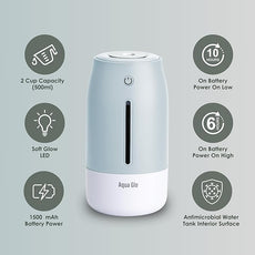 Aqua Glo Personal Humidifier – Ultrasonic Cool Mist, Rechargeable Battery for 15 Hours Use, 2-Cup Water Tank, Quiet Operation. Ideal for Travel, Office, Bedroom, Plants, and Home. Blue Mist