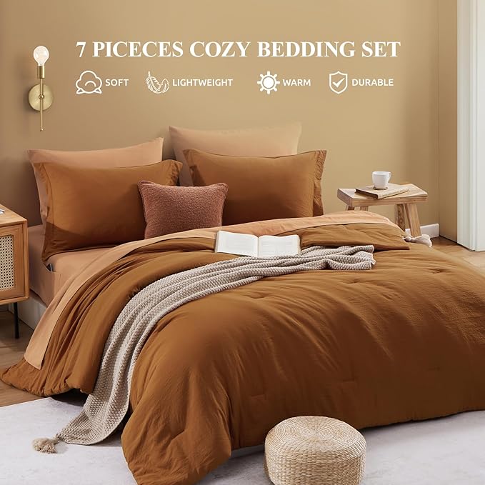 WRENSONGE Full Size Comforter Sets- 7 Pieces Soft Terracotta Bed in a Bag with Fitted Sheet, Flat Sheet, 2 Pillow Shams, 2 Pillowcases, Warm Bedding Sets for All Season
