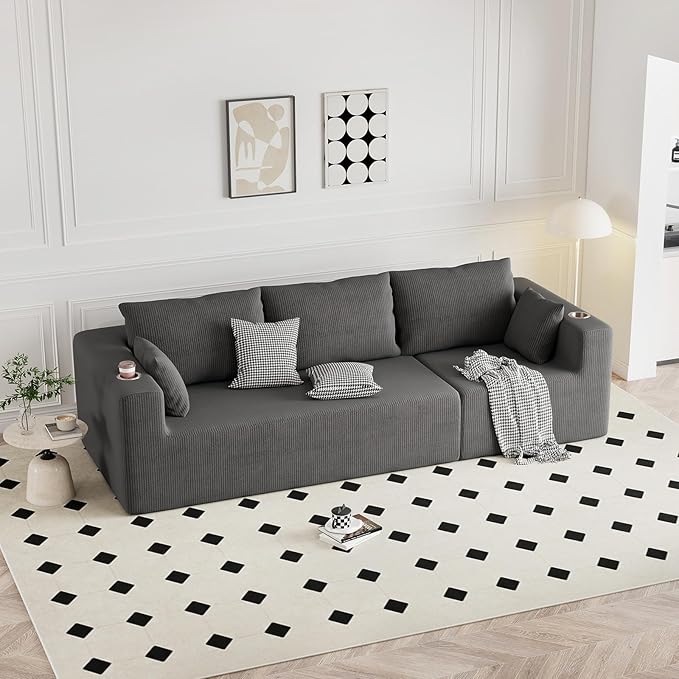 Furnimart 112" Oversized 3 Seater Sleeper Couch, Sectional Sofa Bed Boneless Cloud Couches for Living Room, Modern Deep Seat Modular Sofa, No Assembly Corduroy Dark Grey