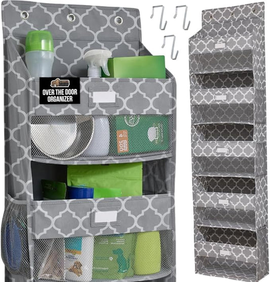 GORILLA GRIP Large Capacity Closet Organizer, 5 Deep Shelves, Holds 50lbs, Over the Door Organizers 6 Mesh Pockets, Shelf Storage for Clothes Crafts Essentials, 3 Metal Hooks, 58x15 Inches, Quatrefoil
