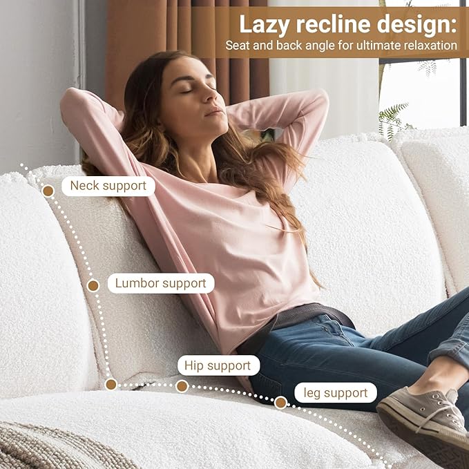 VINGLI 122" Cloud Teddy White Convertible Sectional Sofa, Comfy U-Shape Extra Deep Seat Sofa Couch for Living Room,Modern Chenille 3-Seat Convertible Sofa with 2 Movable Ottomans for Small Space