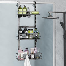 Orimade Over the Door Shower Caddy Adjustable 3 Tier Dark Grey,Bathroom Hanging Organizer Shelf Rustproof with 4 Hooks,Shower Basket with Soap Holder and Suction Cup