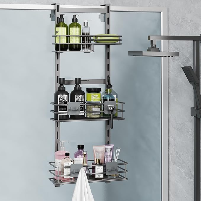 Orimade Over the Door Shower Caddy Adjustable 3 Tier Dark Grey,Bathroom Hanging Organizer Shelf Rustproof with 4 Hooks,Shower Basket with Soap Holder and Suction Cup