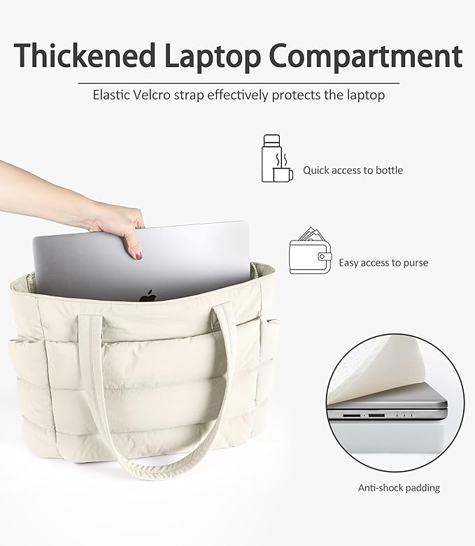 Puffer Tote Bag for Women, Cute Quilted Carryall with Zippered Compartments Shoulder Bag Handbag for Work, Travel, Gym