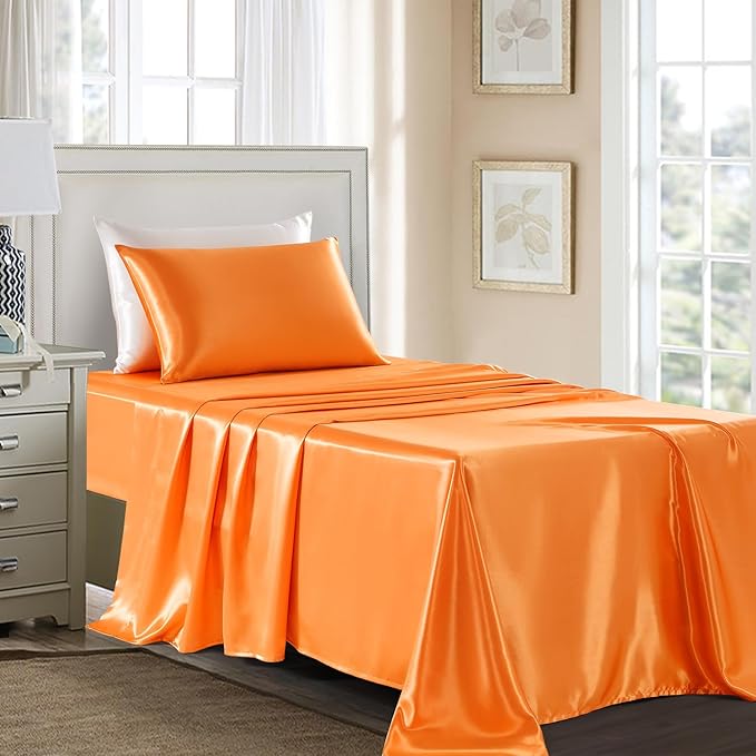 Satin Sheets Twin Size - 3 Pieces Luxury Silky Soft Bed Sheets, Wrinkle-Free Burnt Orange Satin Silk Sheet Set with 1 Deep Pocket Fitted Sheet, 1 Flat Sheet, 1 Pillow Case