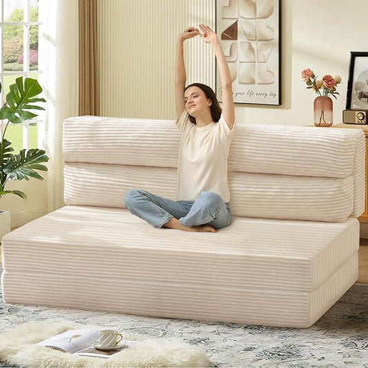 Folding Sofa Bed, Convertible Sleeper Chair with Pilow Foldable Matress, 2 in 1 Pull Out Loveseat Sofa Portable Fold Out Chair Bed Floor Couch Lounge for Living Room Bedroom (Beige, Queen)