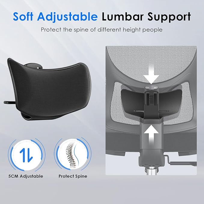 Soohow Ergonomic Office Chair,Mesh Desk Chair with Adjustable Lumbar Support and Headrest,Comfy Computer Chair with 3D Armrest Recling Swivel Chair for Home and Office, Black & Black