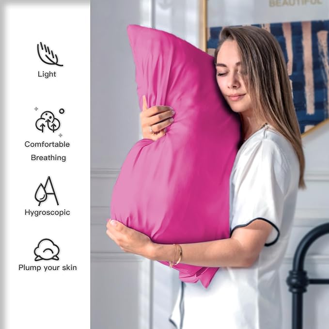 Silk Pillow Cases 2 Pack Soft Breathable and Sliky King Size Pillow Cases Set of 2,Natural Mulberry Satin Silk Pillowcase with Hidden Zipper for Hair and Skin (Hot Pink,20"X 36",2pcs)