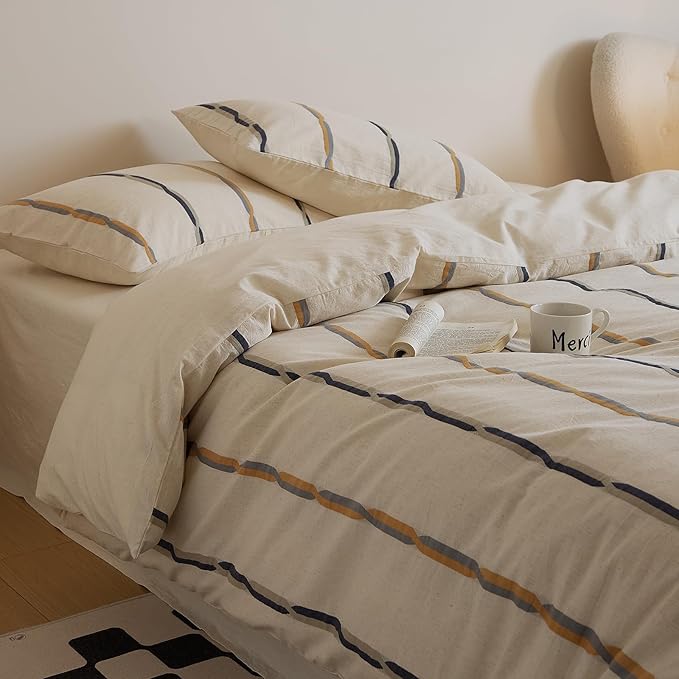 VM VOUGEMARKET Black Orange Striped Duvet Cover Set Yarn-Dyed Cotton Linen Like Textured Bedding Set Jacquard Stripes Duvet Cover with 2 Pillowcase-Queen,90"x90"